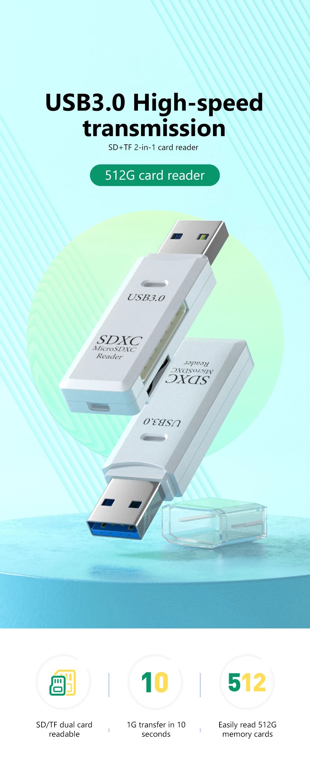 Lecteur de carte USB 3.0 2 en 1, lecteur de carte Micro TF sd, adaptateur usb, lecteur de cartes haute vitesse, carte mémoire TF pour PC, accessoires pour ordinateur portable